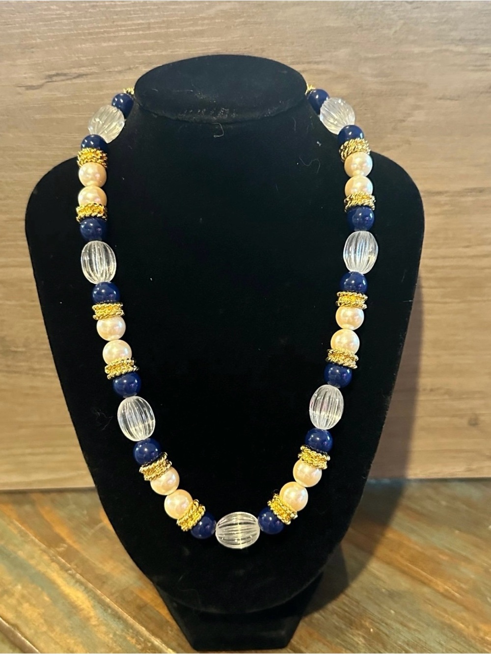Sophisticated Navy Blue, Pearl & Gold Beaded Necklace - Women Jewelry